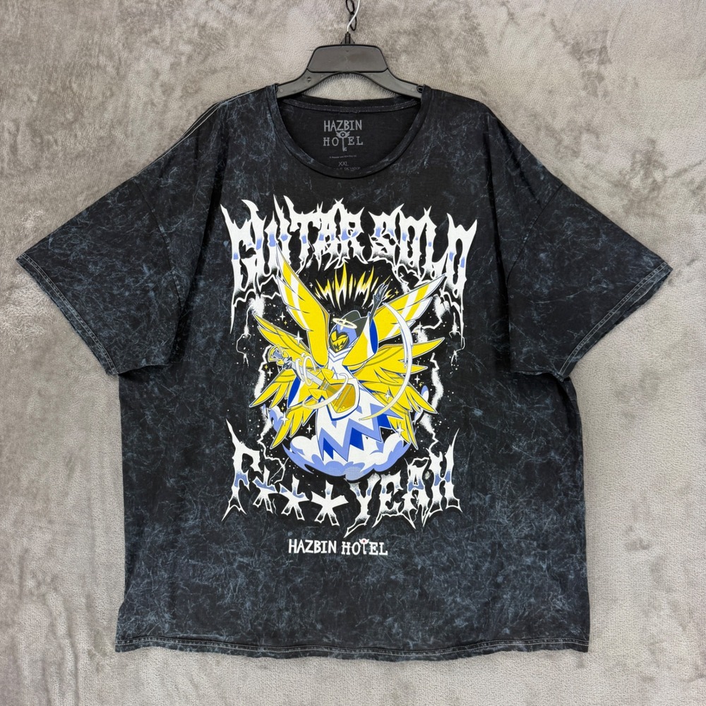 Hot Topic T-Shirt Mens XXL Hazbin Hotel Adam Guitar Solo Black Mineral Wash EUC